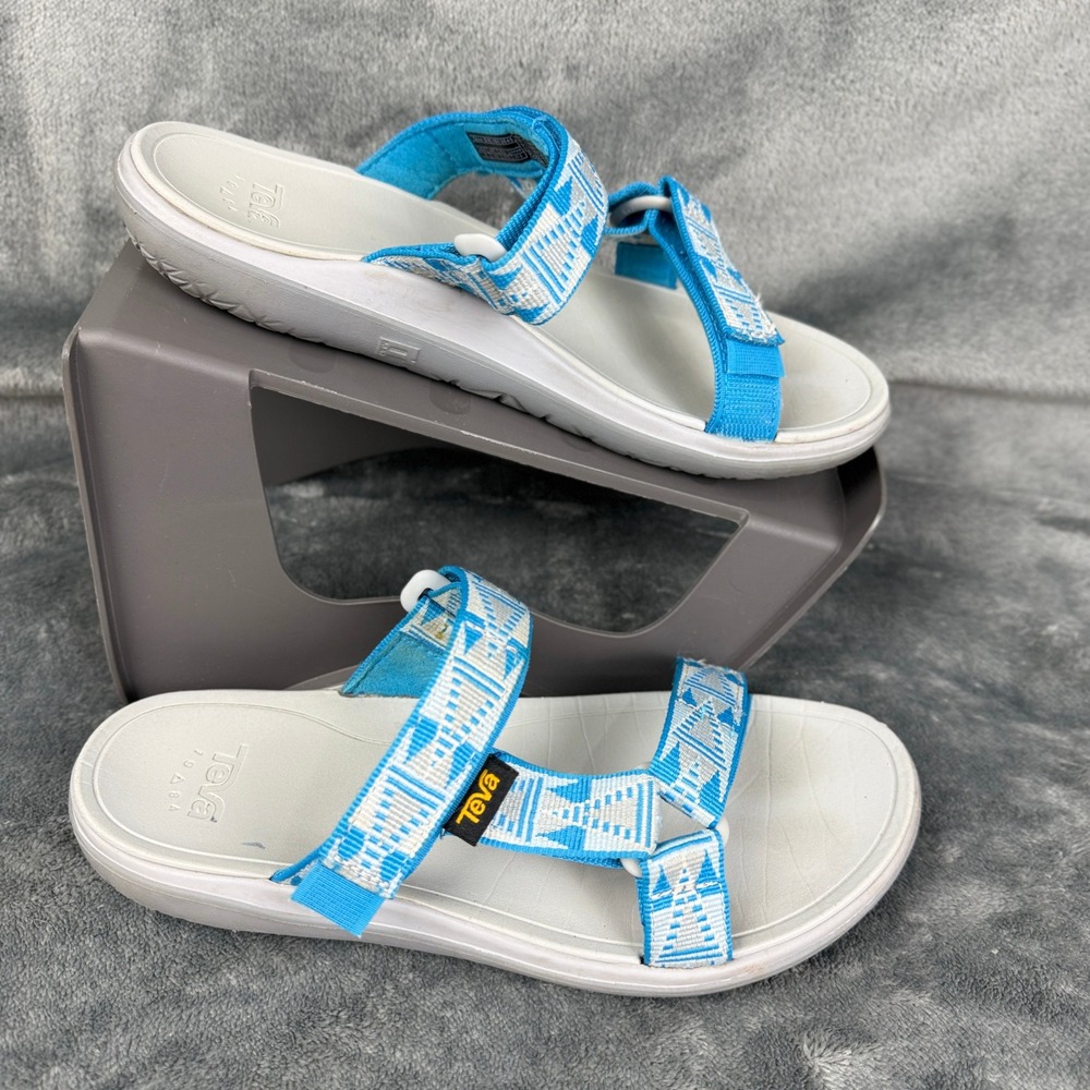 Teva Sandals Women's Sz Strappy Walking Sandal Aqua Blue White Pattern Comfort - Picture 6 of 12